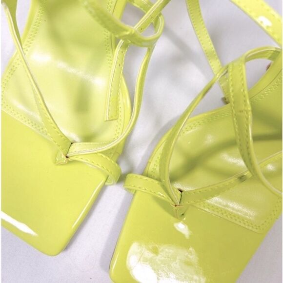 NWOT TOPSHOP Evie Square Toe Heeled Sandals Strappy Mid Neon Yellow - Picture 3 of 4